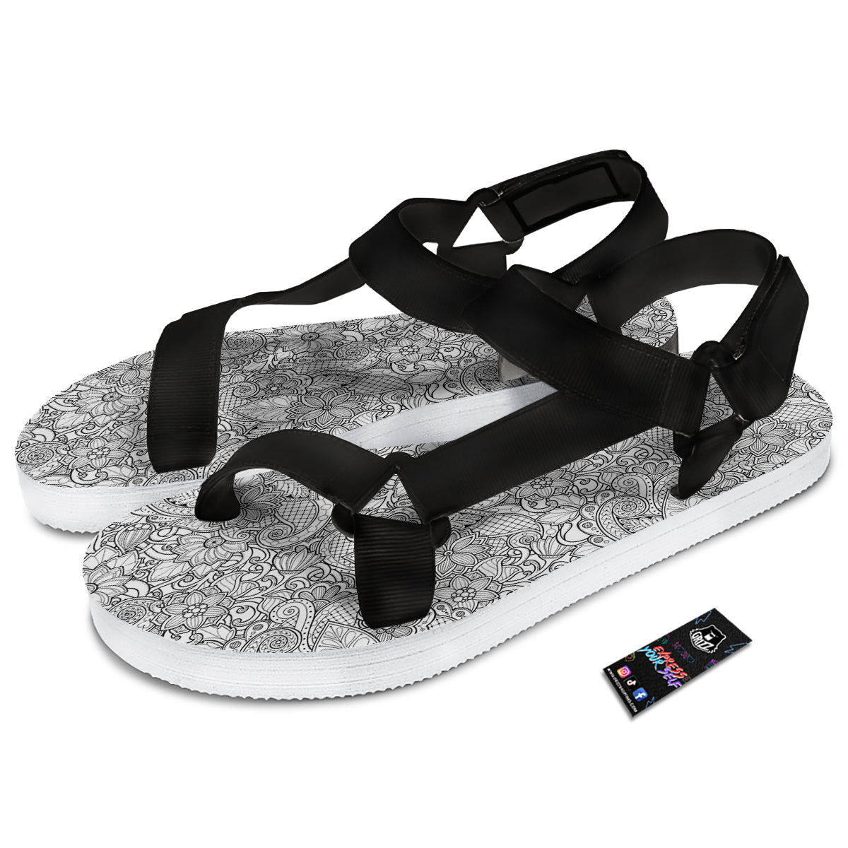 Flower Zentangle Print Pattern Black Open Toe Sandals-grizzshop