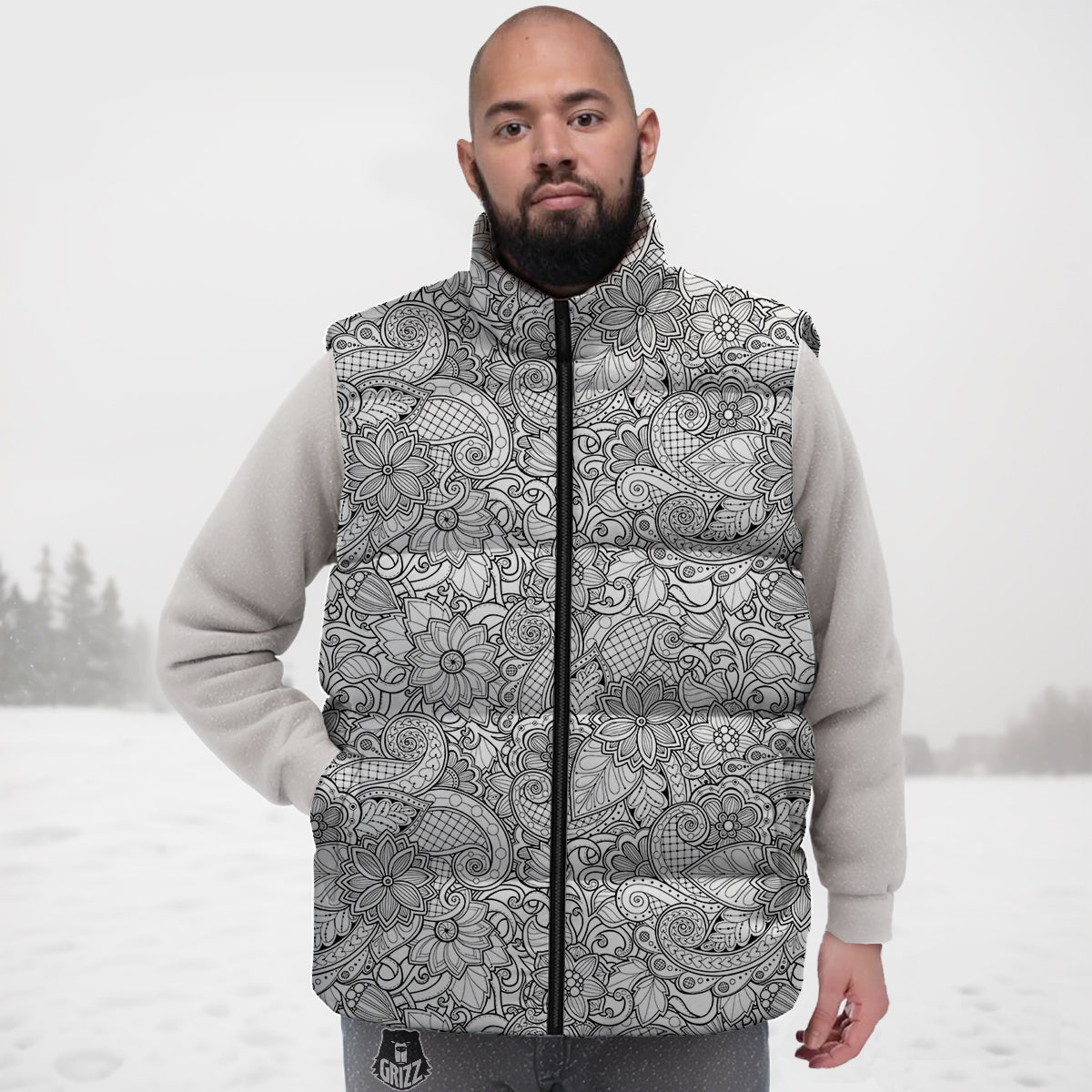 Flower Zentangle Print Pattern Down Vest-grizzshop