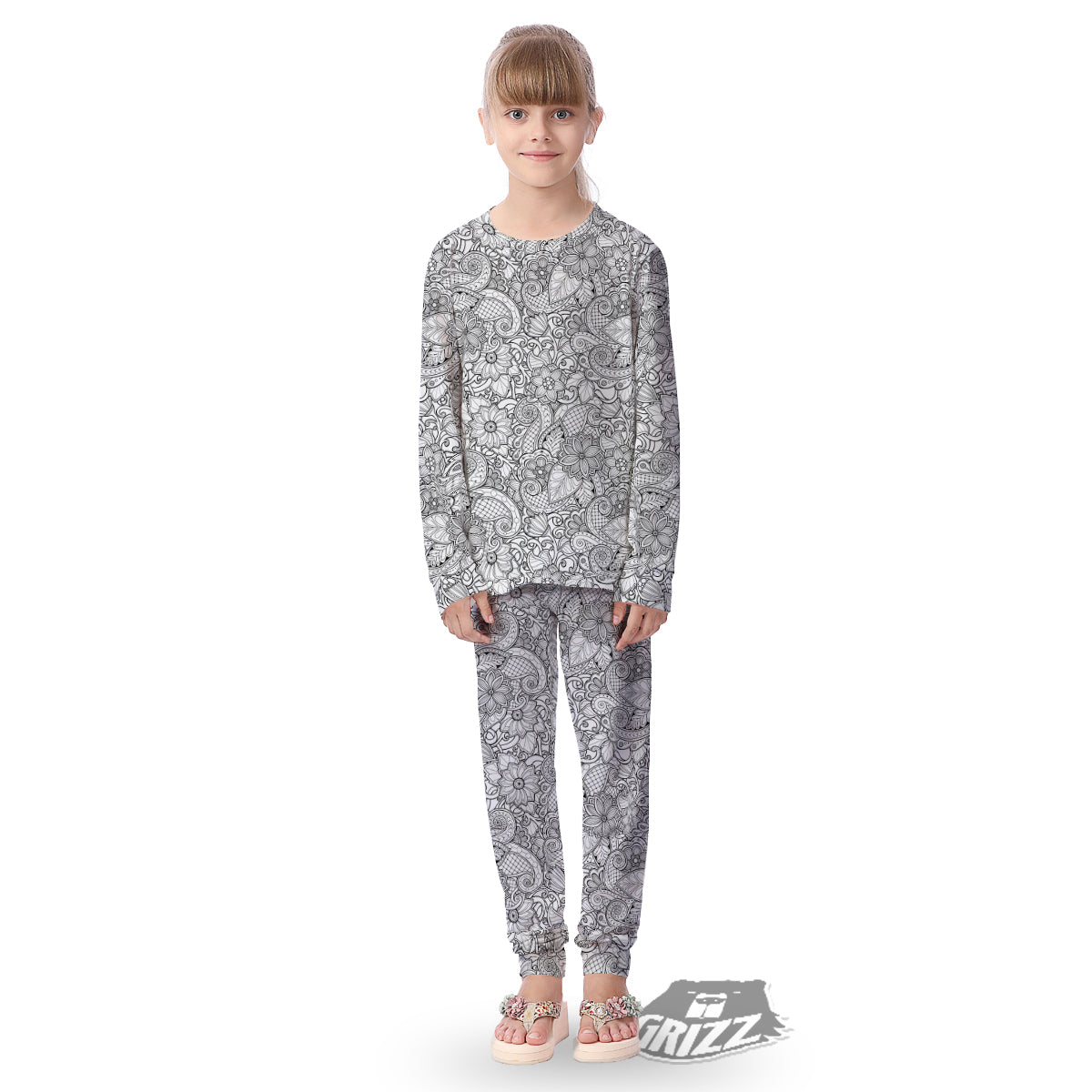 Flower Zentangle Print Pattern Kid's Pajamas-grizzshop