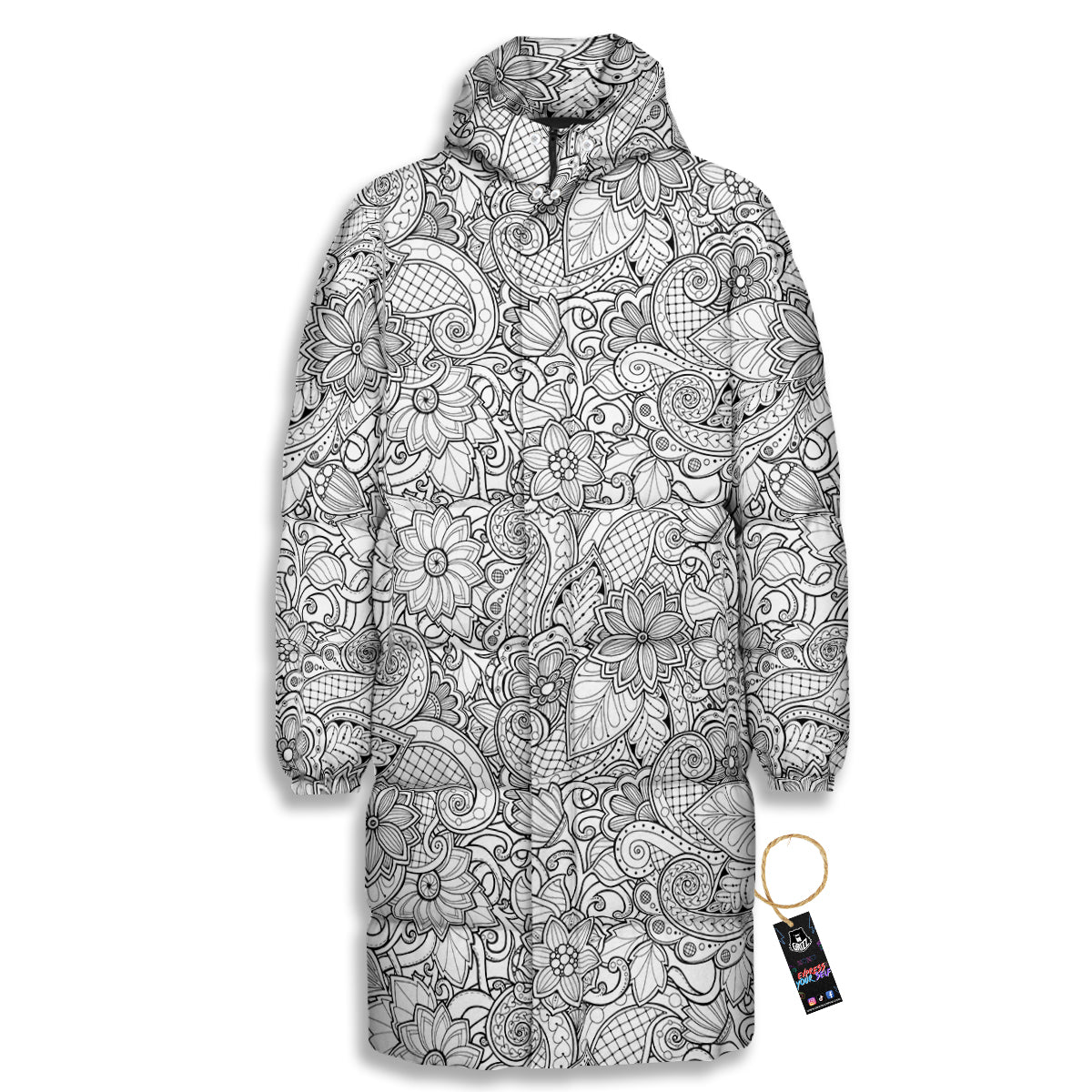 Flower Zentangle Print Pattern Long Down Jacket-grizzshop