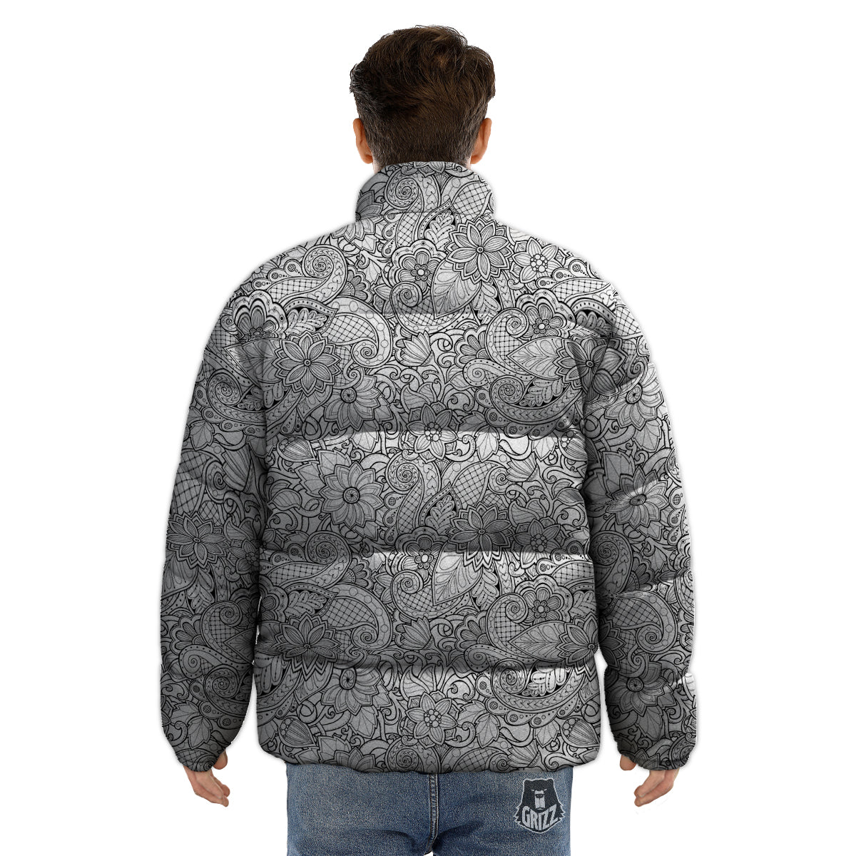 Flower Zentangle Print Pattern Puffer Jacket-grizzshop