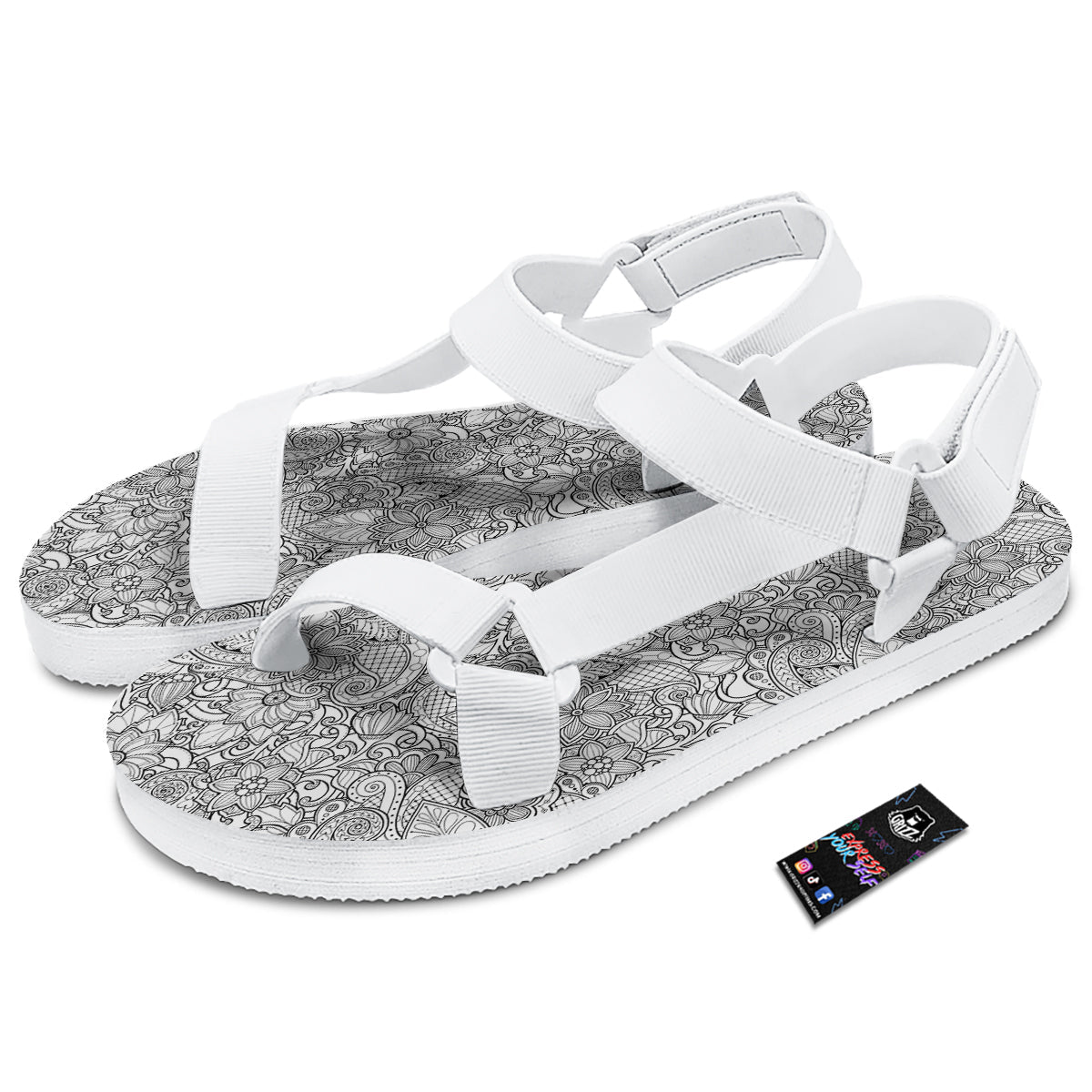 Flower Zentangle Print Pattern White Open Toe Sandals-grizzshop