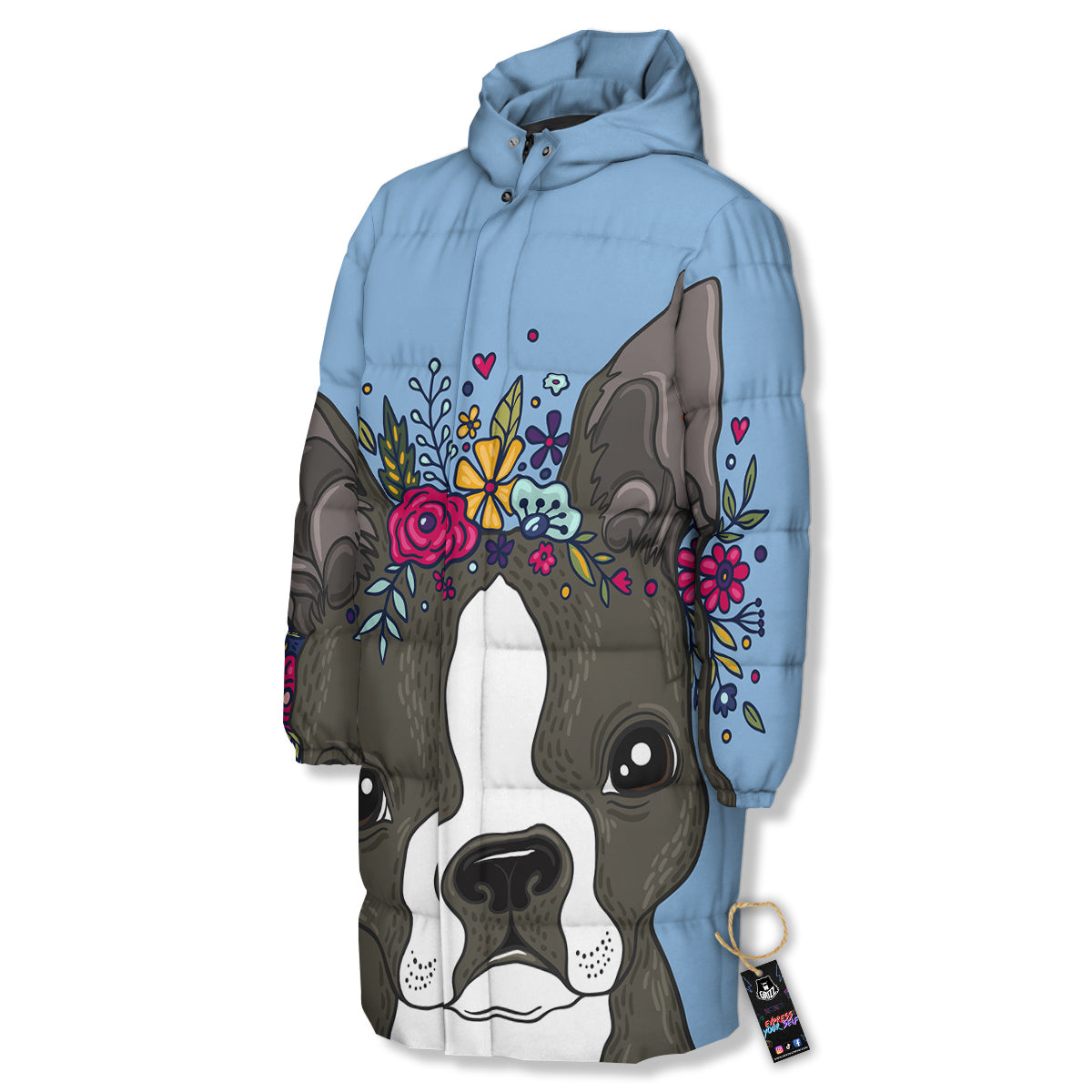 Flower Boston Terrier Cartoon Print Long Down Jacket