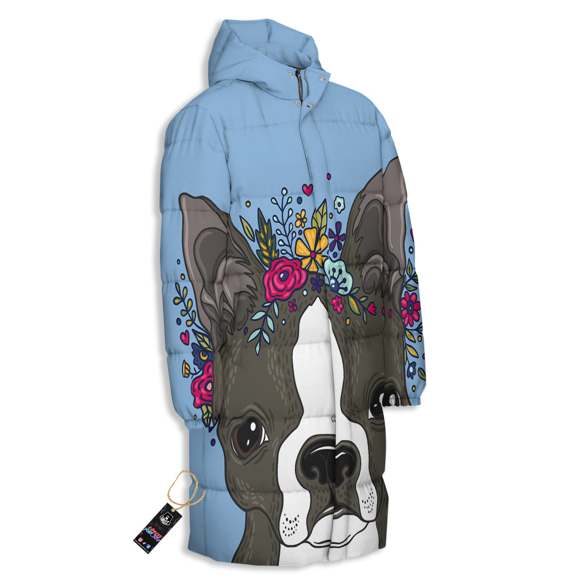 Flower Boston Terrier Cartoon Print Long Down Jacket