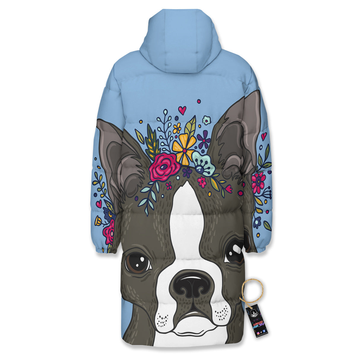 Flower Boston Terrier Cartoon Print Long Down Jacket