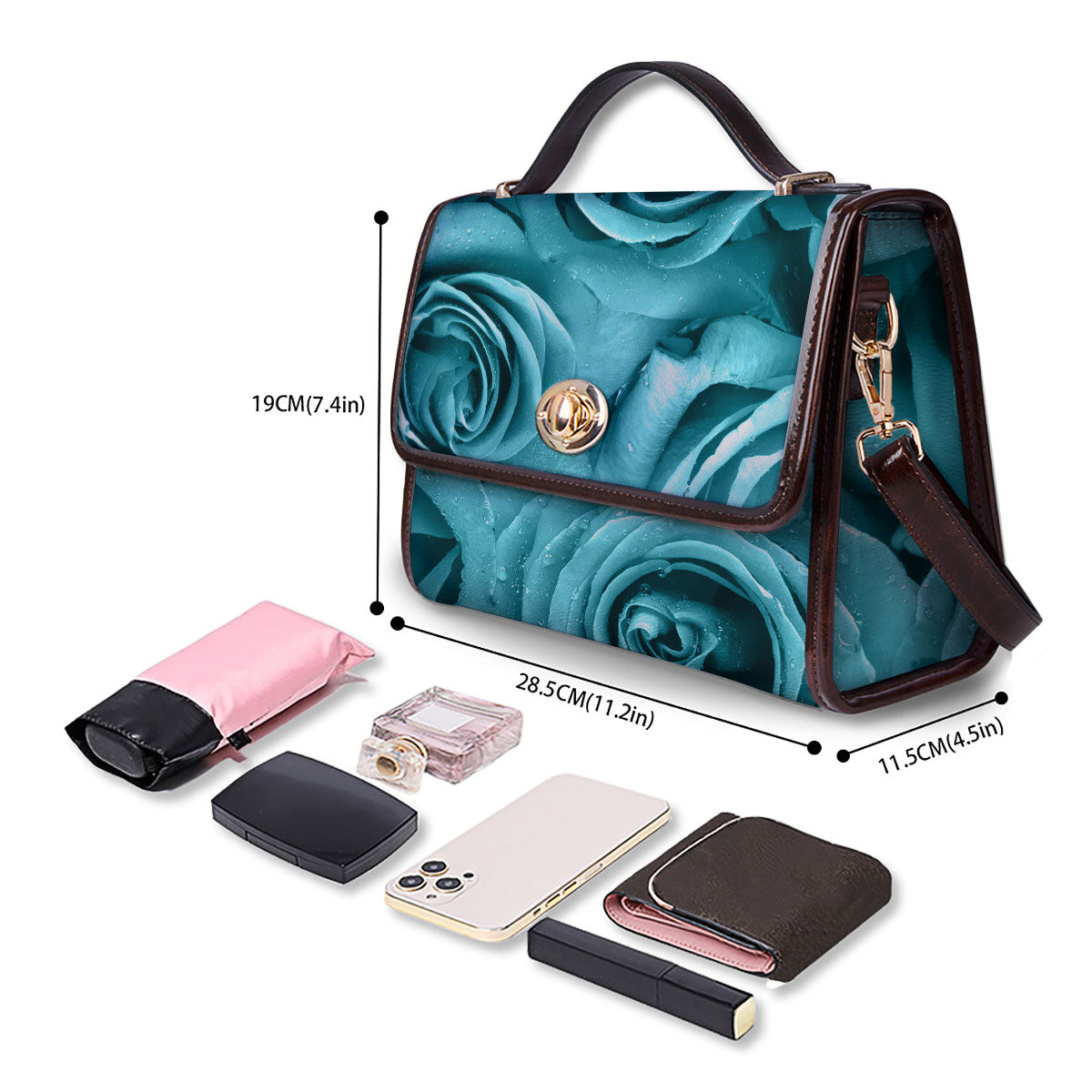 Flower Turquoise Rose Print Women's Satchel Bag