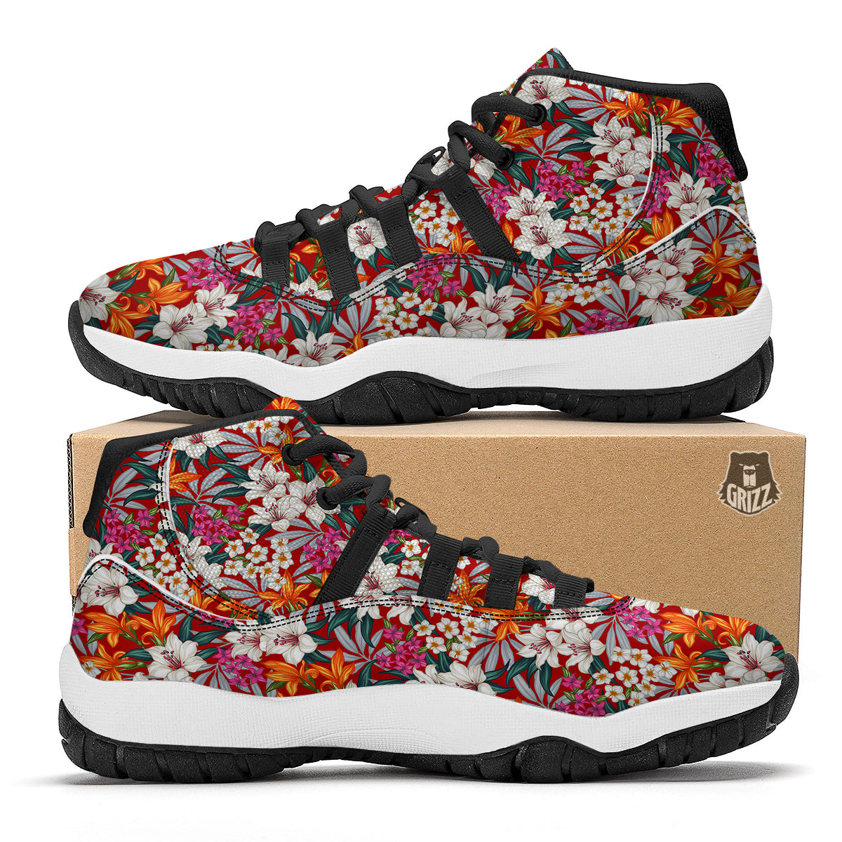 Flowers Aloha Hawaiian Print Pattern Black Bball Shoes-grizzshop