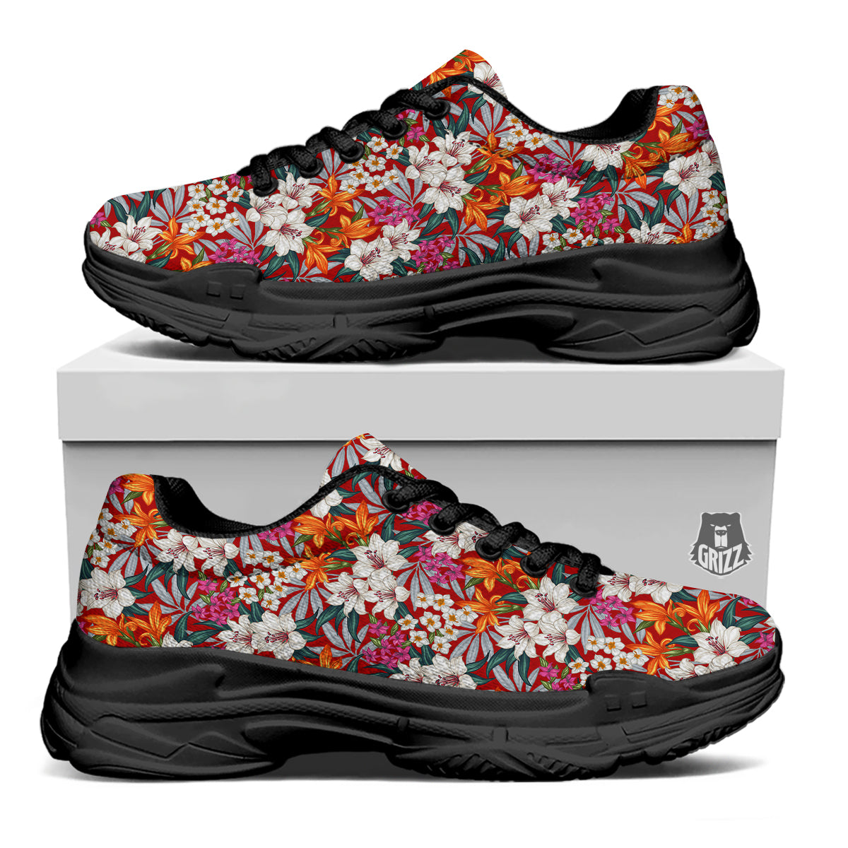 Flowers Aloha Hawaiian Print Pattern Black Chunky Shoes-grizzshop