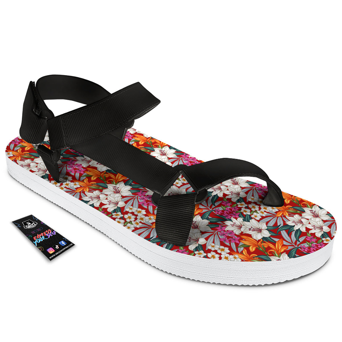 Flowers Aloha Hawaiian Print Pattern Black Open Toe Sandals-grizzshop