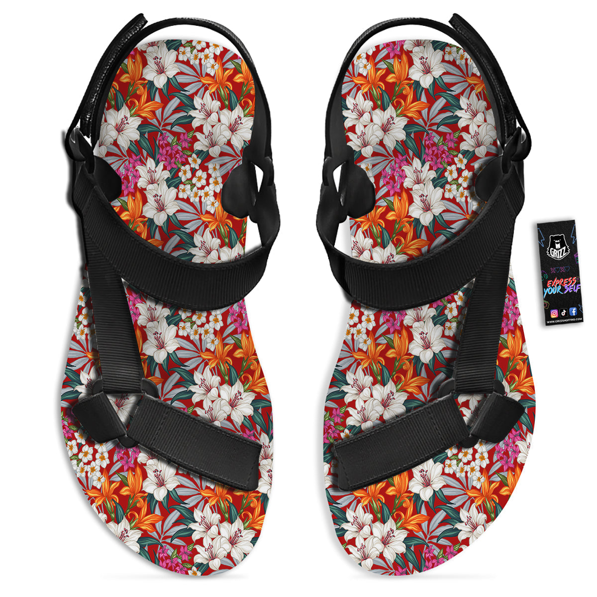 Flowers Aloha Hawaiian Print Pattern Black Open Toe Sandals-grizzshop