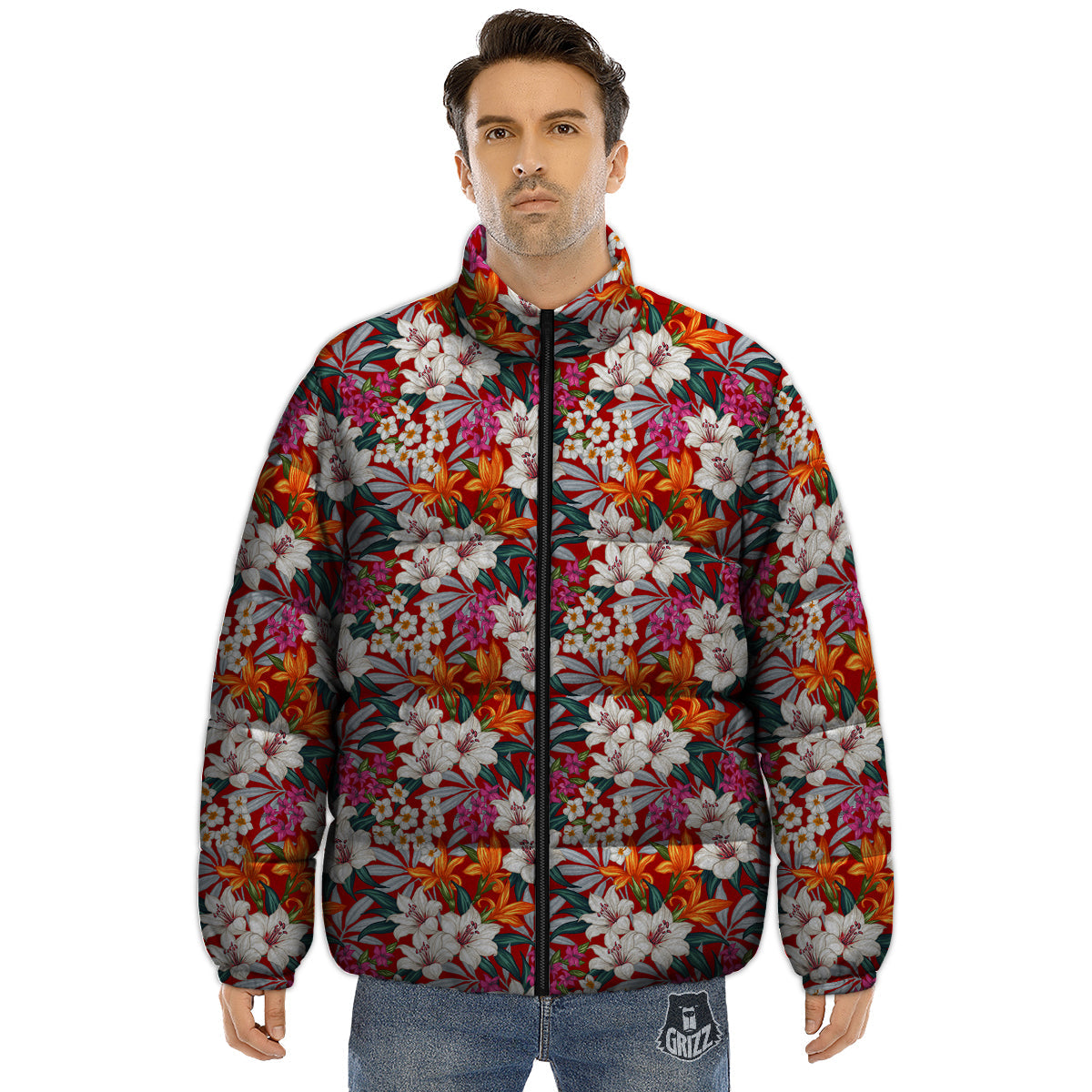 Flowers Aloha Hawaiian Print Pattern Puffer Jacket-grizzshop