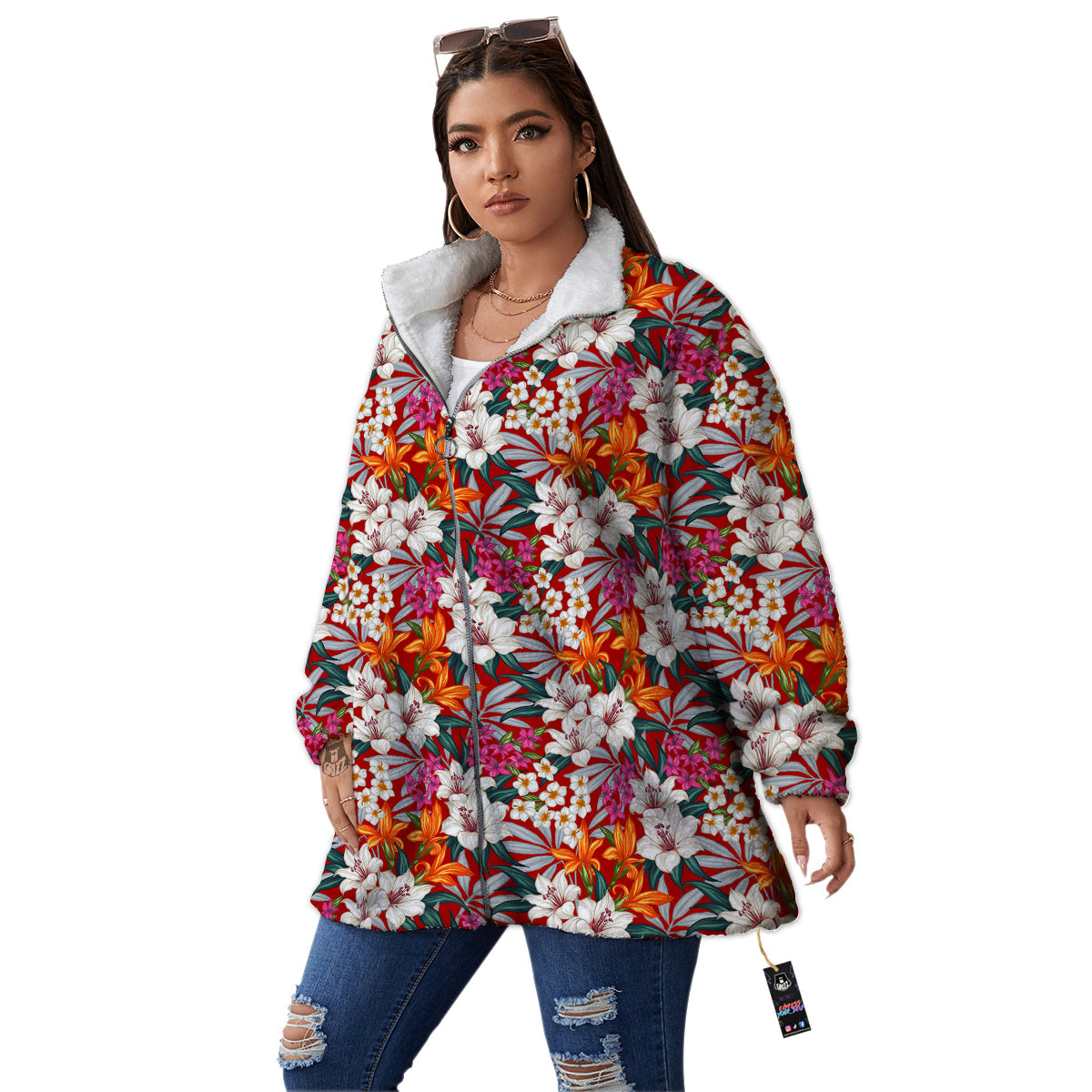 Flowers Aloha Hawaiian Print Pattern Women's Sherpa Jacket-grizzshop