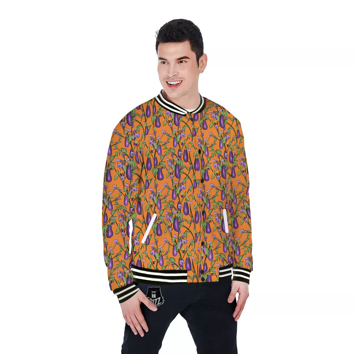 Flowers And Eggplant With Leaves Print Baseball Jacket-grizzshop