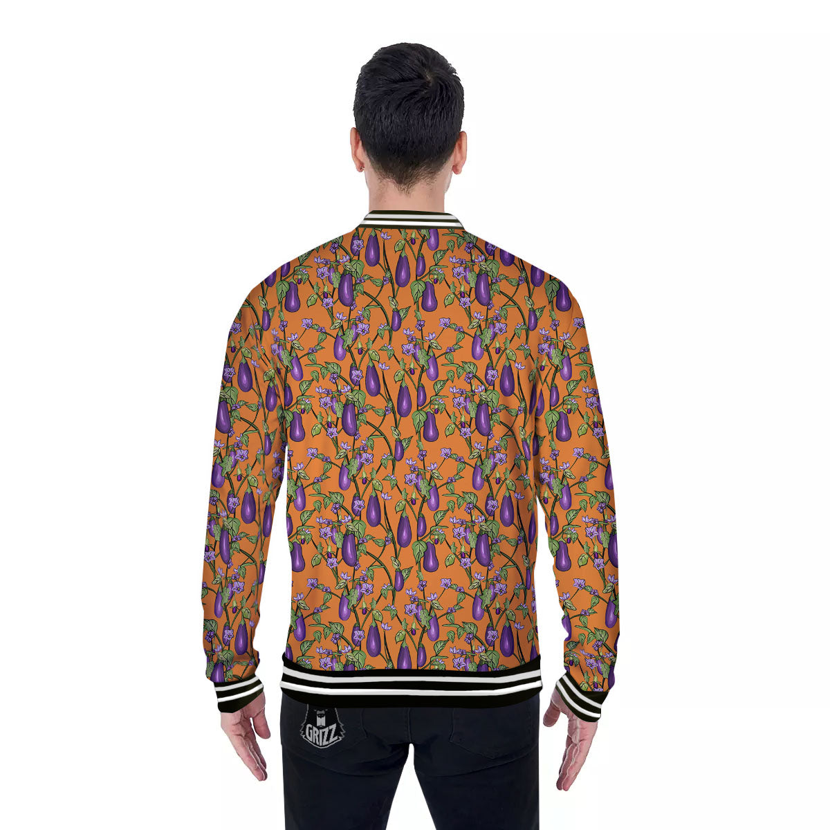 Flowers And Eggplant With Leaves Print Baseball Jacket-grizzshop