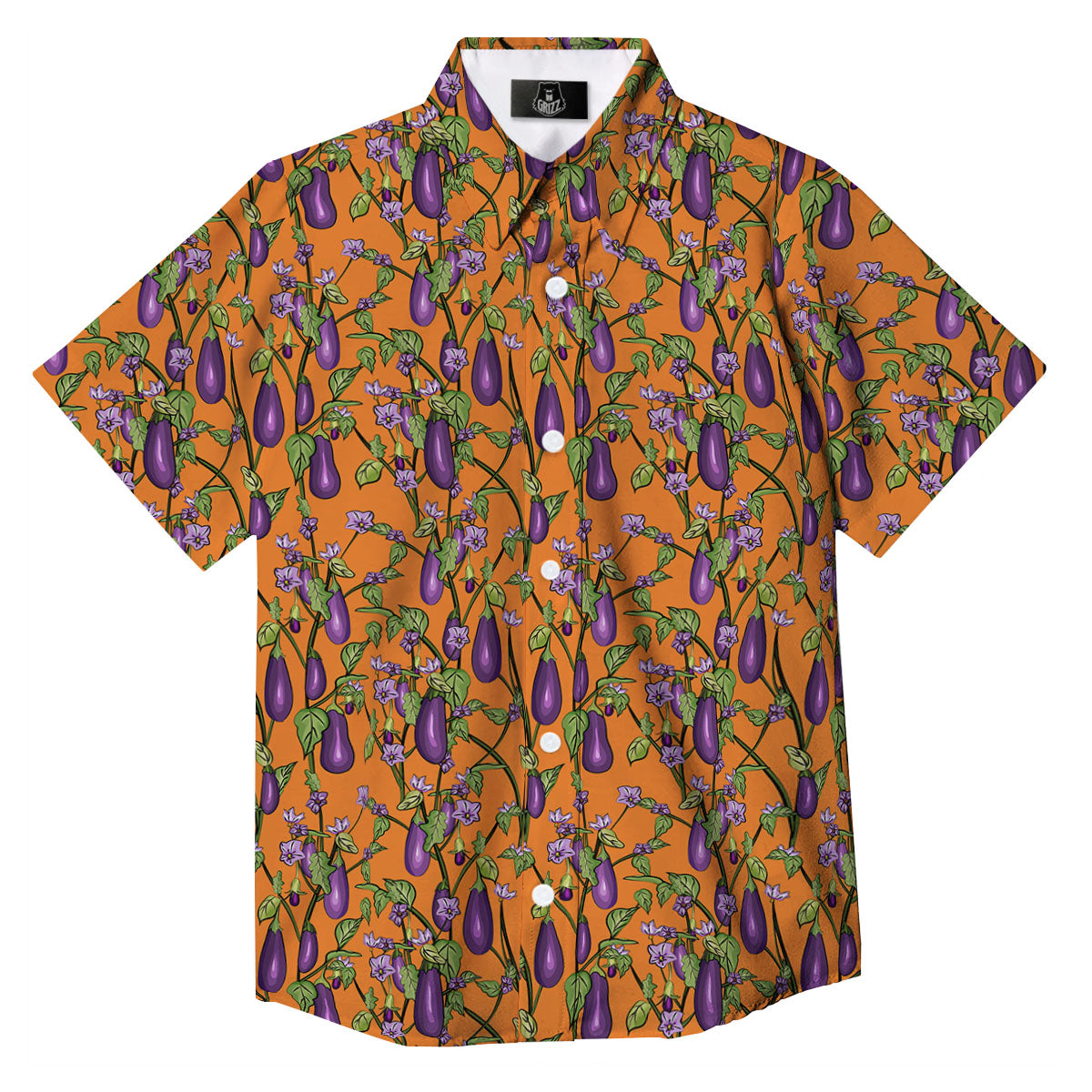 Flowers And Eggplant With Leaves Print Button Up Shirt-grizzshop