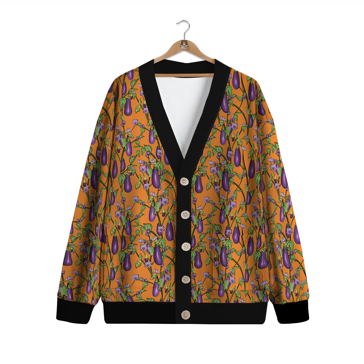 Flowers And Eggplant With Leaves Print Cardigan-grizzshop