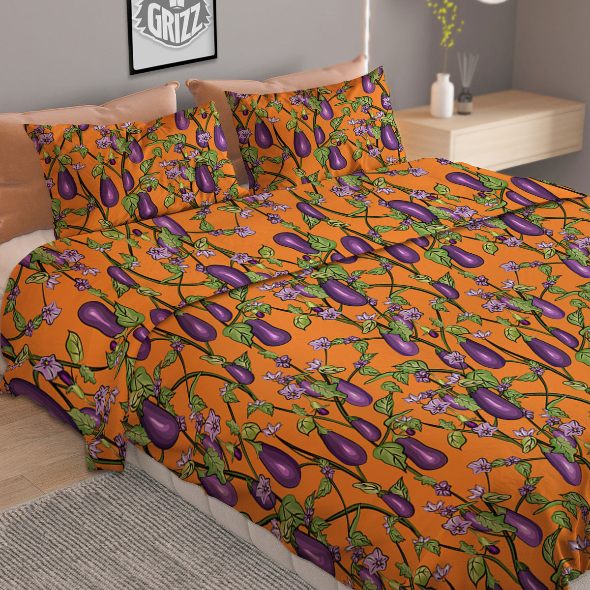 Flowers And Eggplant With Leaves Print Duvet Cover Bedding Set