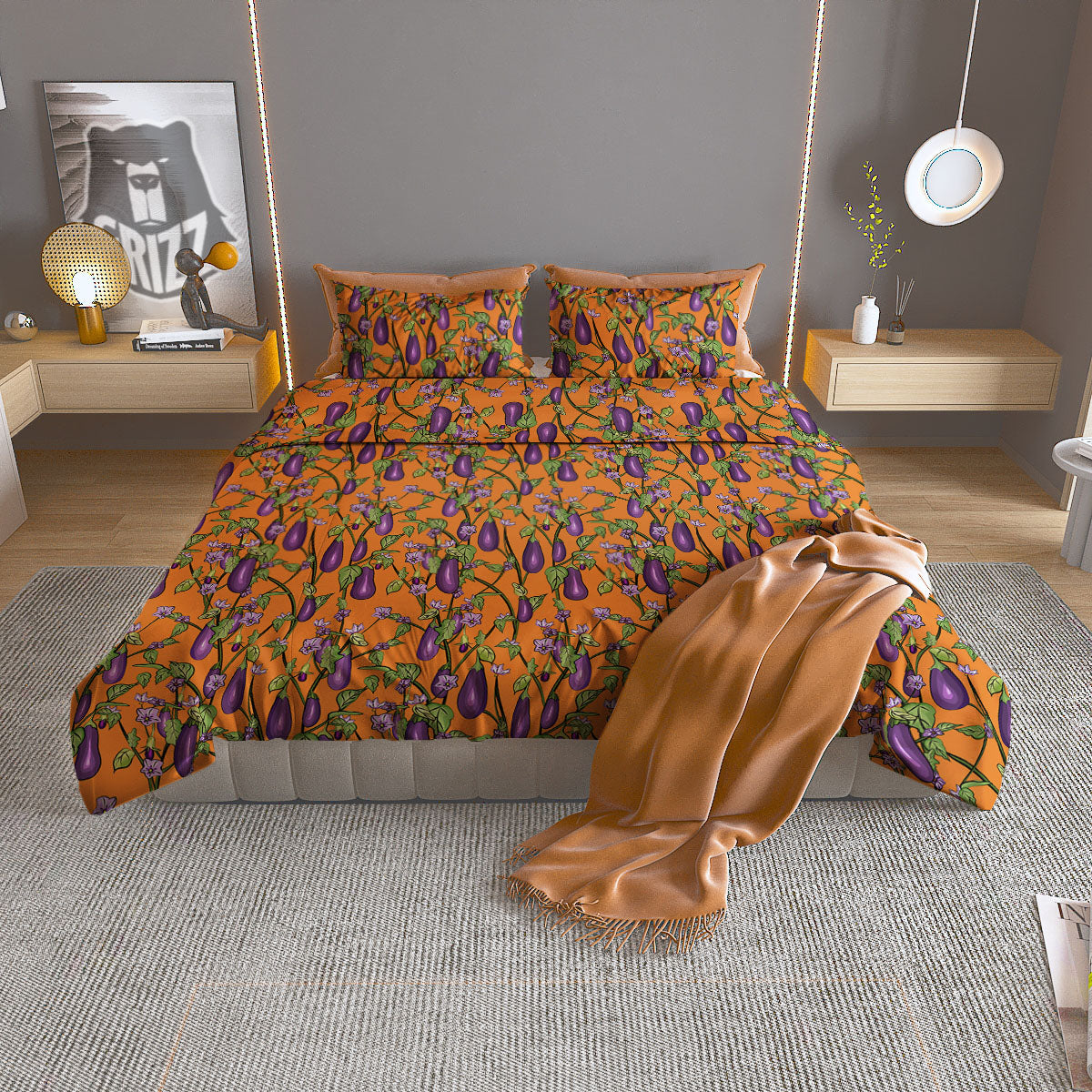 Flowers And Eggplant With Leaves Print Duvet Cover Bedding Set