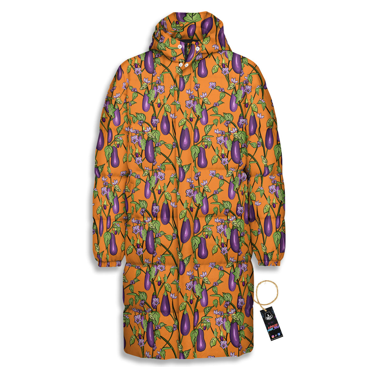 Flowers And Eggplant With Leaves Print Long Down Jacket-grizzshop