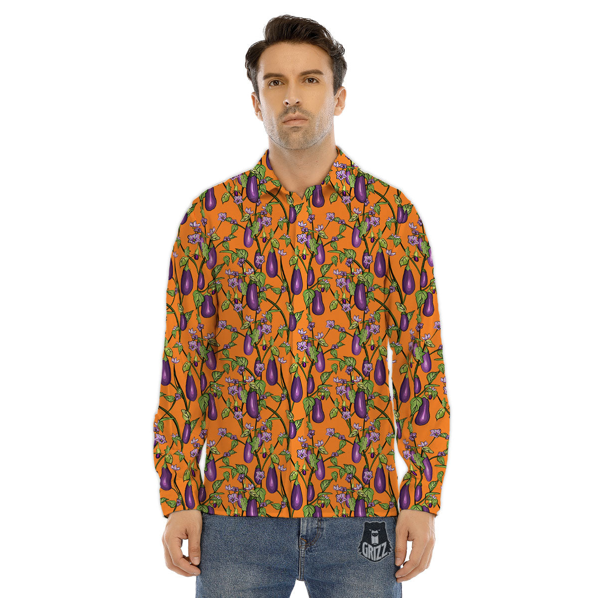 Flowers And Eggplant With Leaves Print Men's Dress Shirts-grizzshop