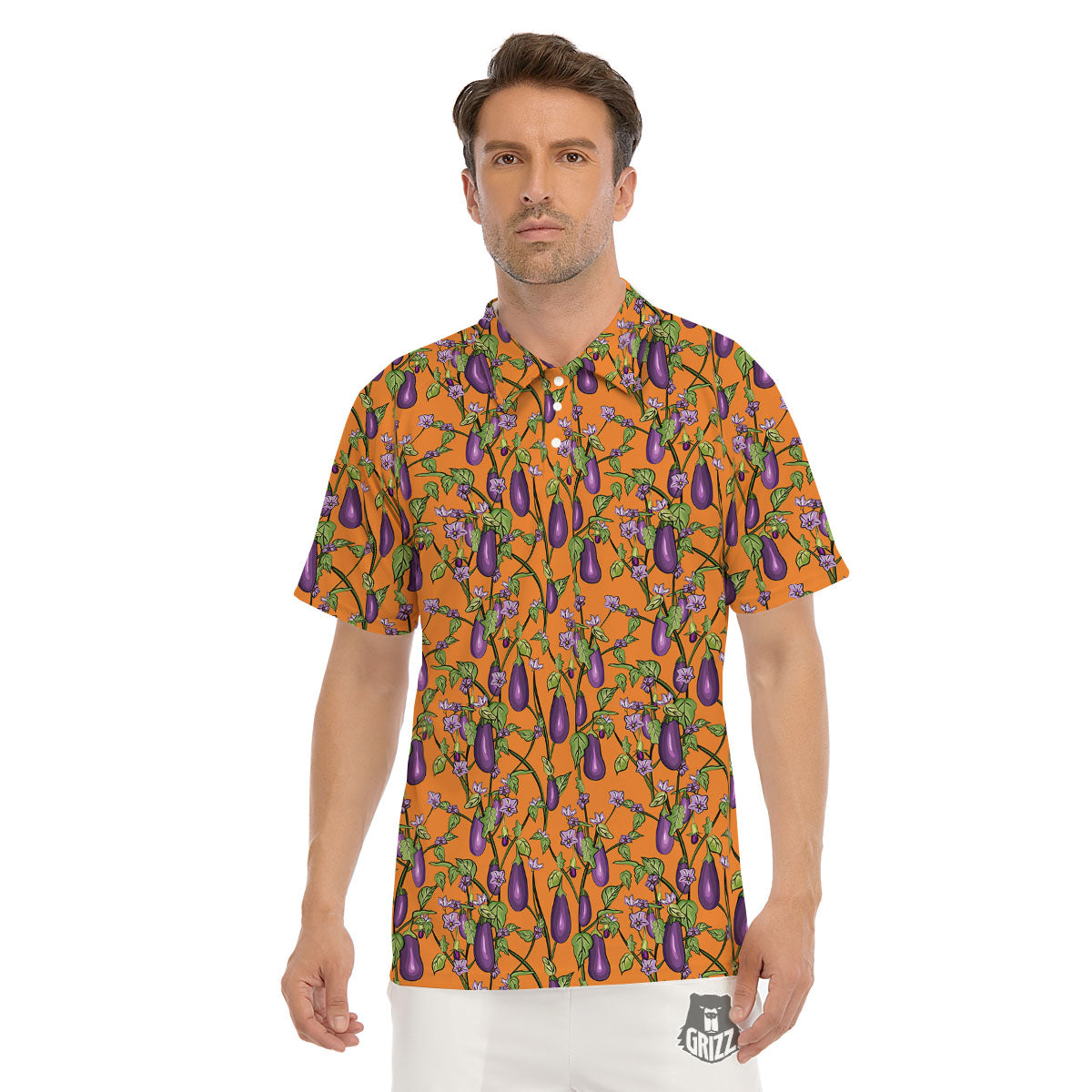 Flowers And Eggplant With Leaves Print Men's Golf Shirts-grizzshop