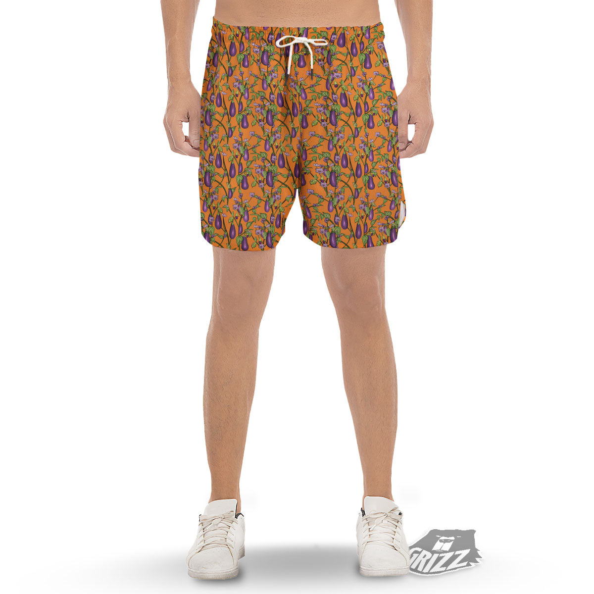 Flowers And Eggplant With Leaves Print Men's Gym Shorts-grizzshop
