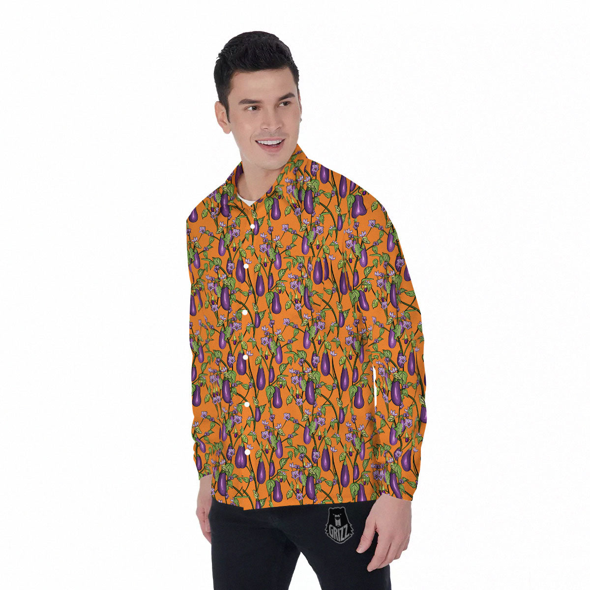 Flowers And Eggplant With Leaves Print Men's Long Sleeve Shirts-grizzshop