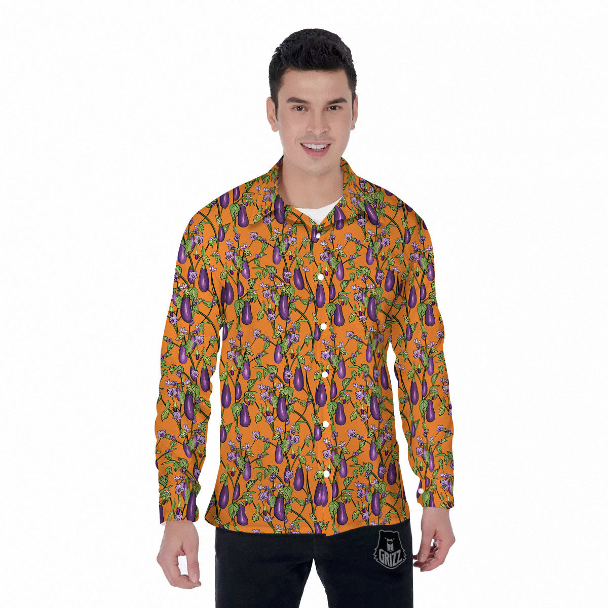 Flowers And Eggplant With Leaves Print Men's Long Sleeve Shirts-grizzshop