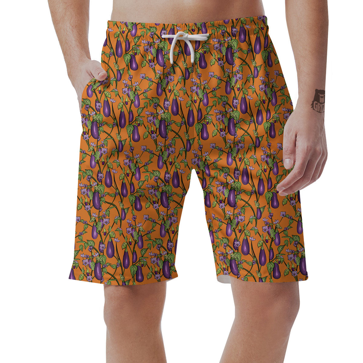 Flowers And Eggplant With Leaves Print Men's Shorts-grizzshop