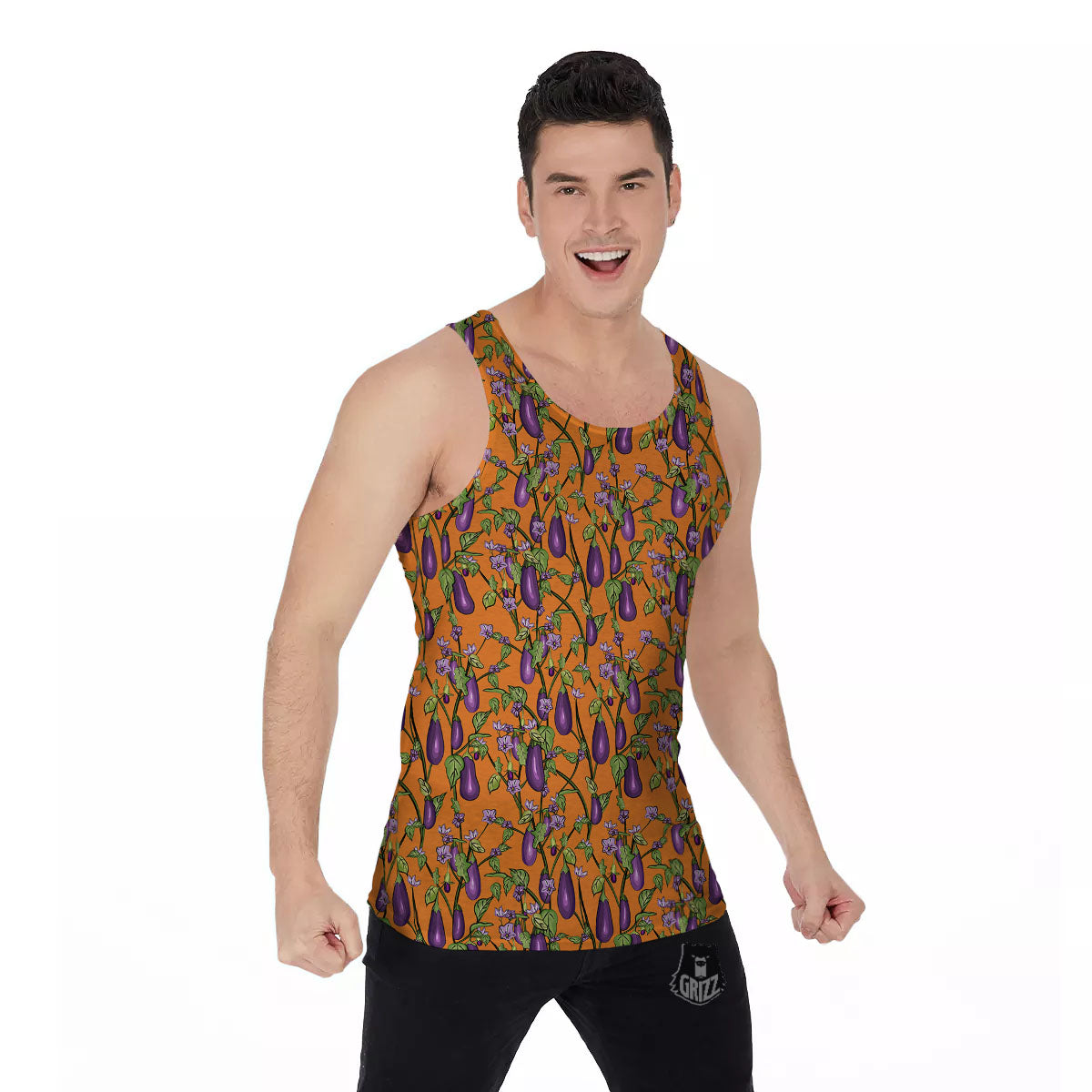 Flowers And Eggplant With Leaves Print Men's Tank Top-grizzshop