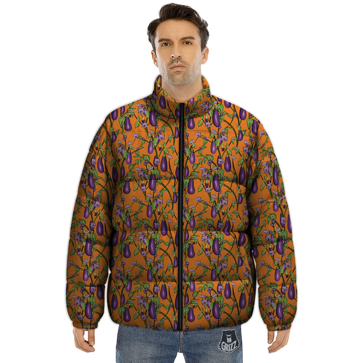 Flowers And Eggplant With Leaves Print Puffer Jacket-grizzshop