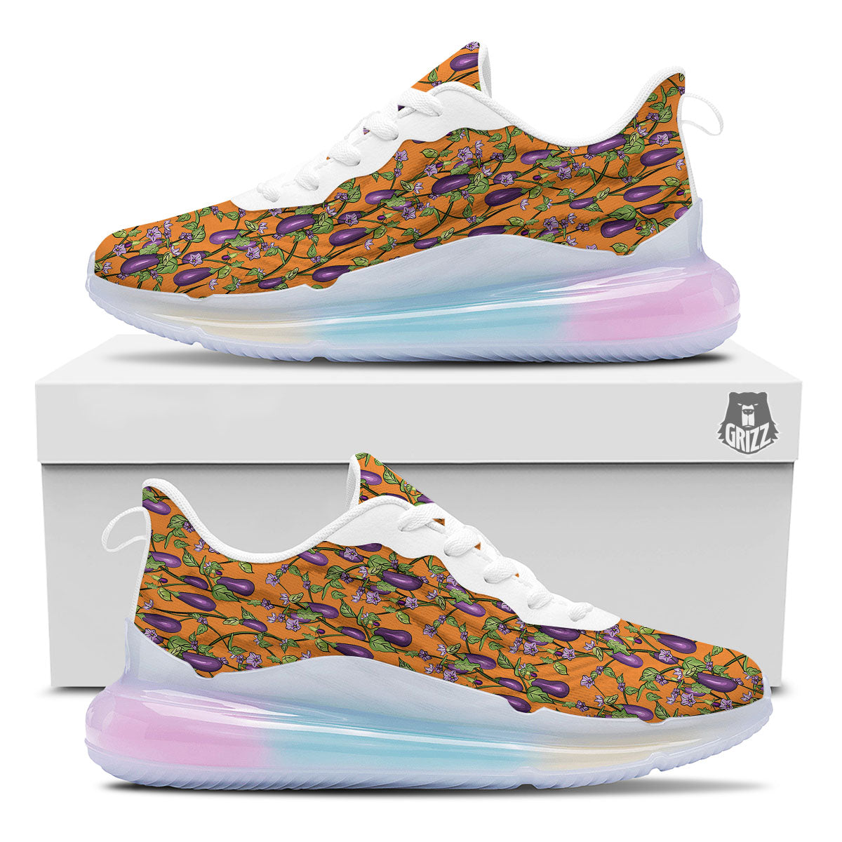 Flowers And Eggplant With Leaves Print Running Sneakers-grizzshop