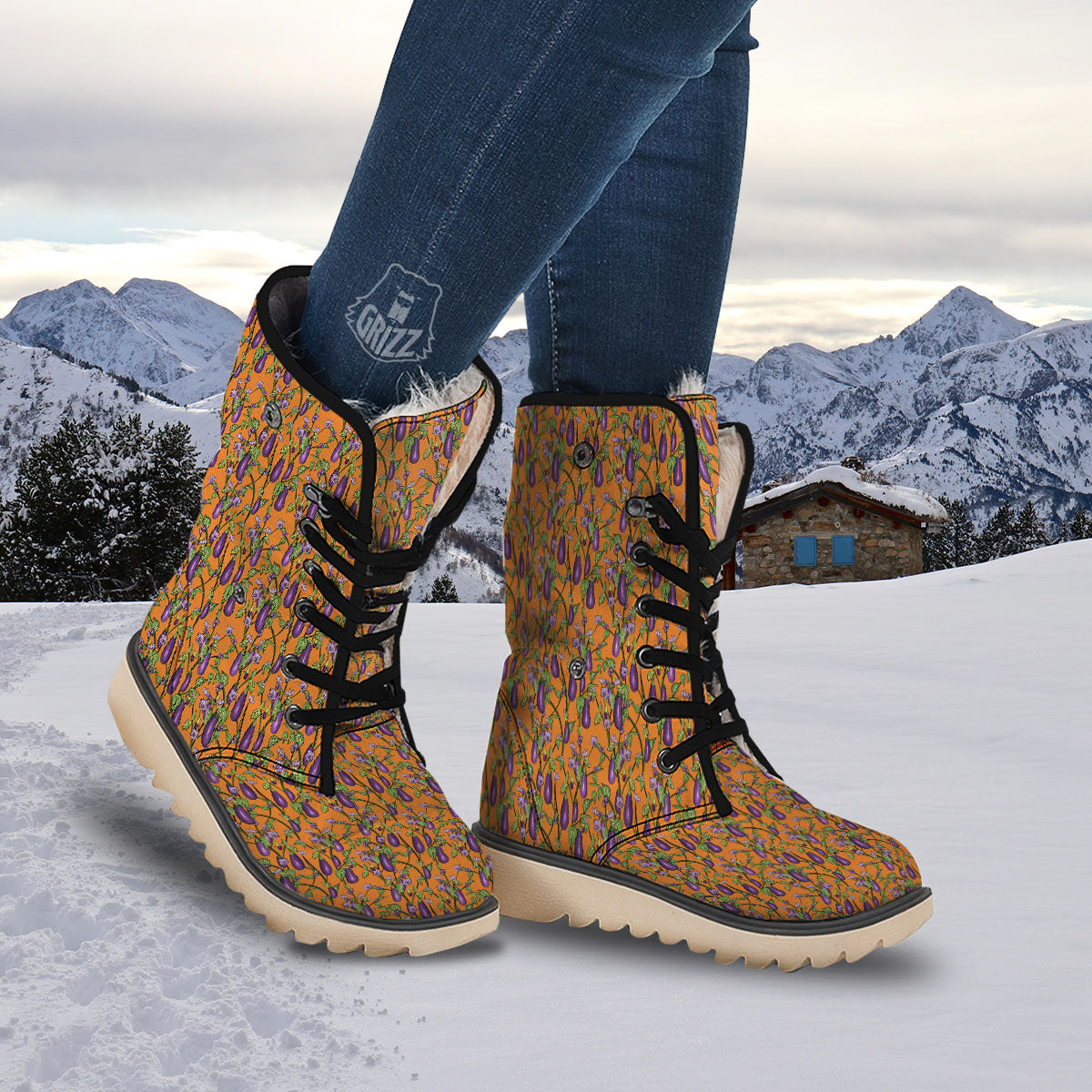 Flowers And Eggplant With Leaves Print Snow Boots-grizzshop