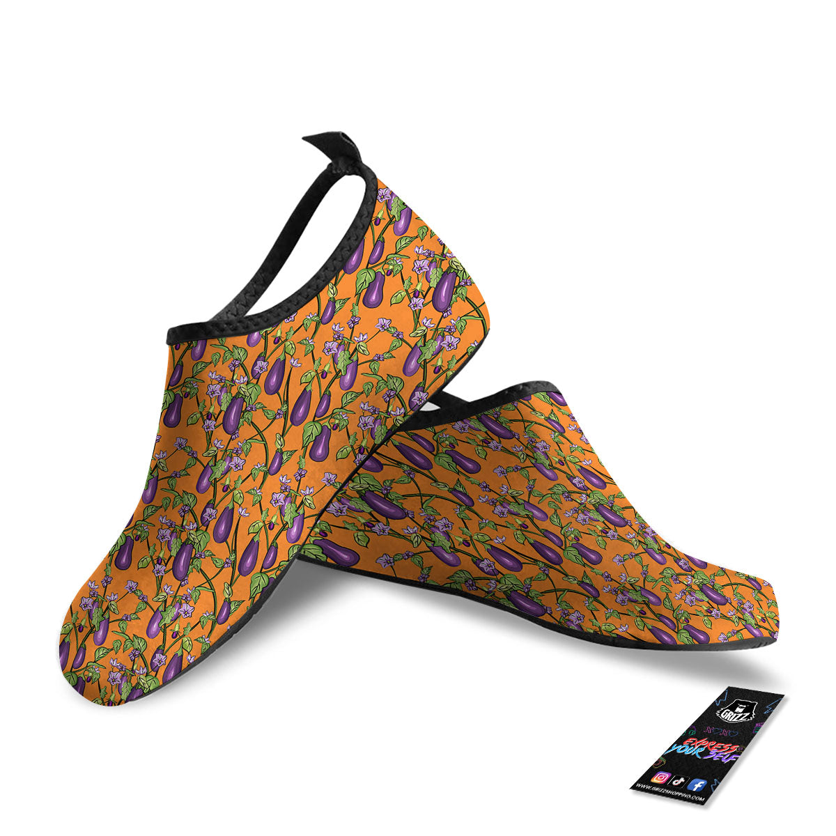 Flowers And Eggplant With Leaves Print Water Shoes-grizzshop