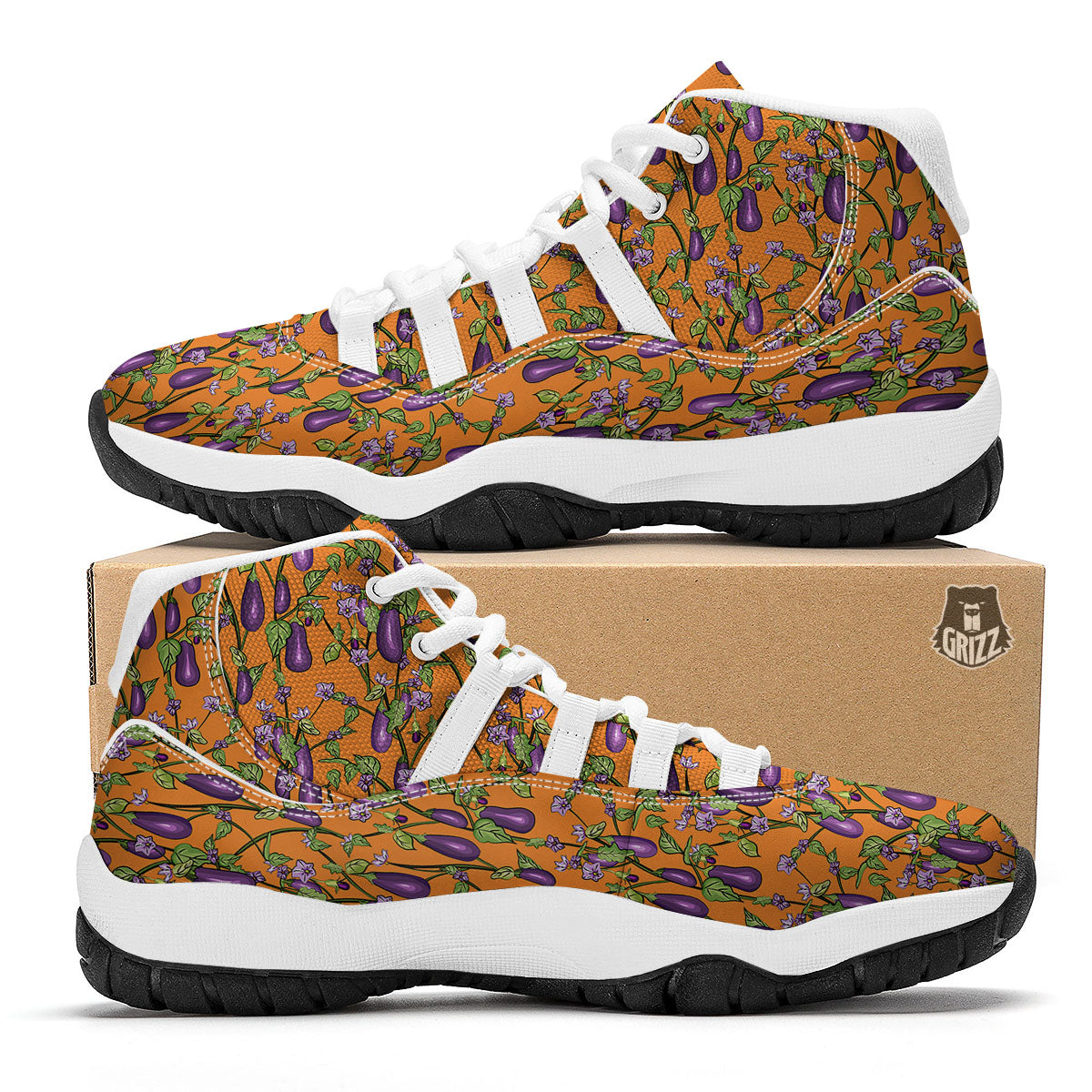 Flowers And Eggplant With Leaves Print White Bball Shoes-grizzshop
