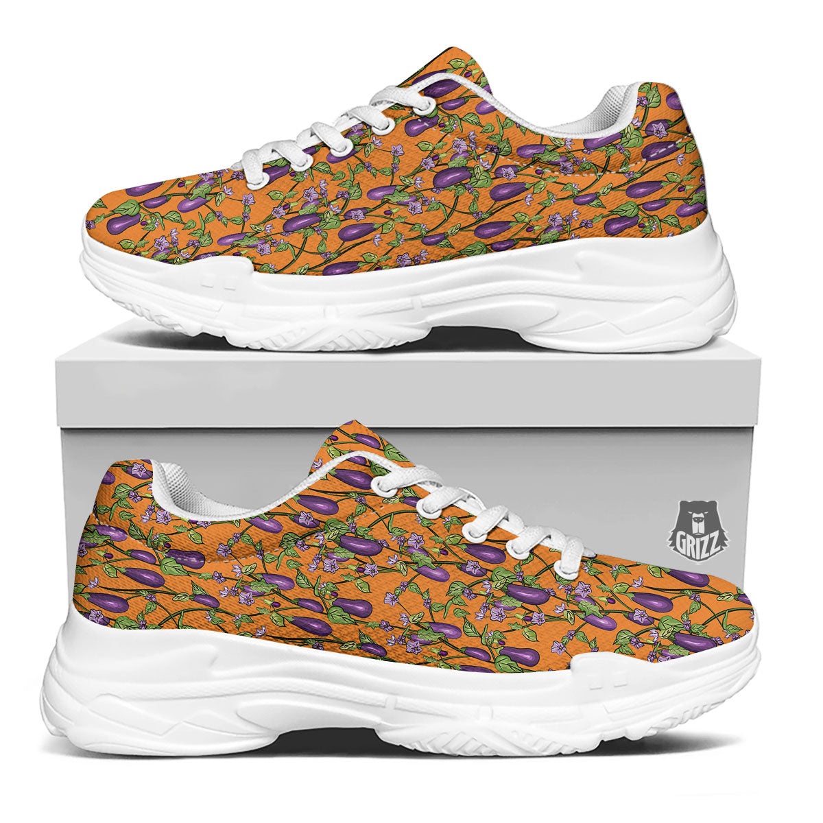 Flowers And Eggplant With Leaves Print White Chunky Shoes-grizzshop