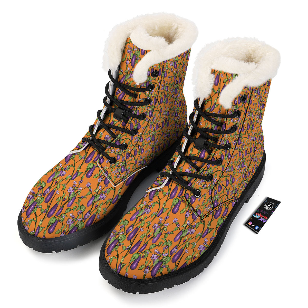Flowers And Eggplant With Leaves Print Winter Boots-grizzshop