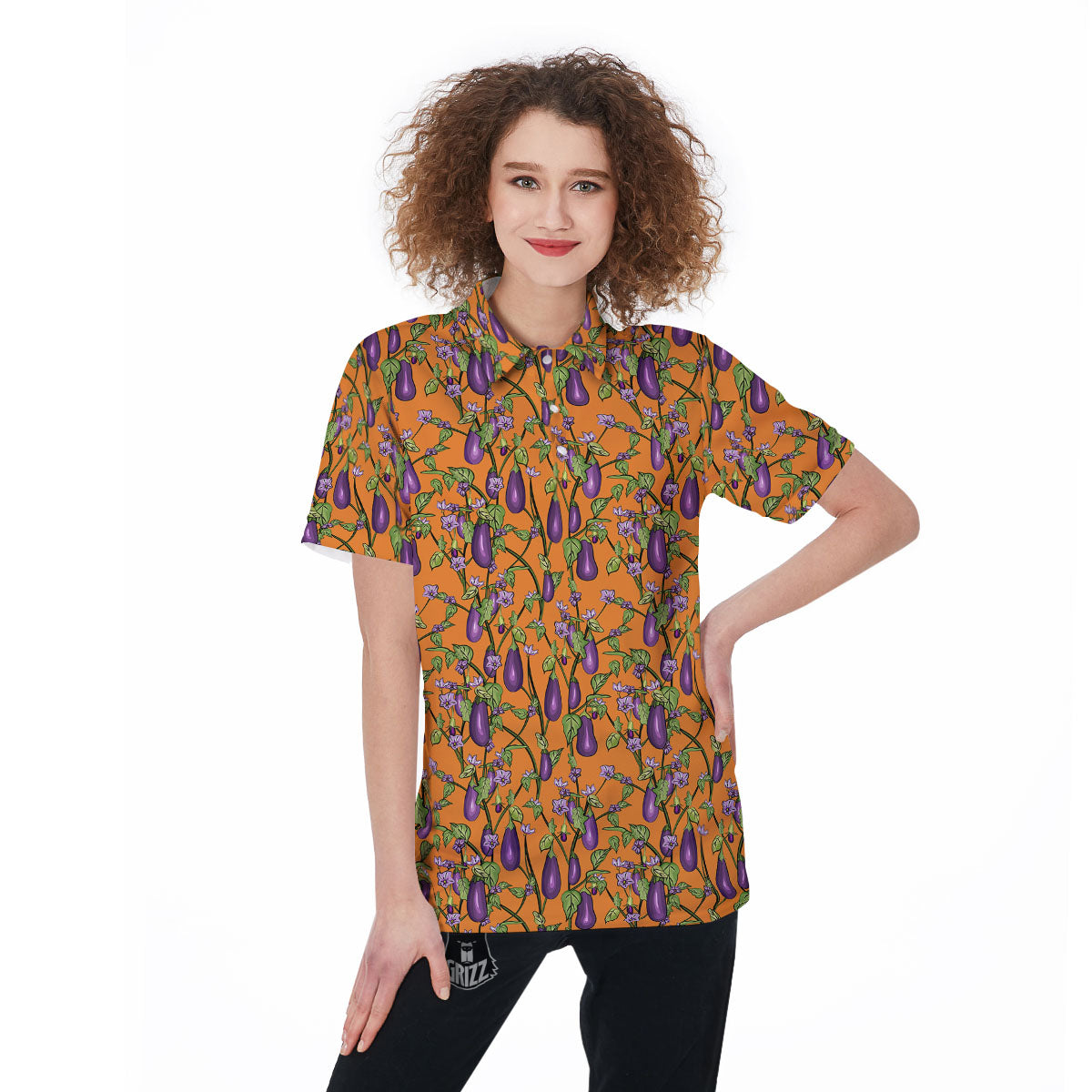 Flowers And Eggplant With Leaves Print Women's Golf Shirts-grizzshop