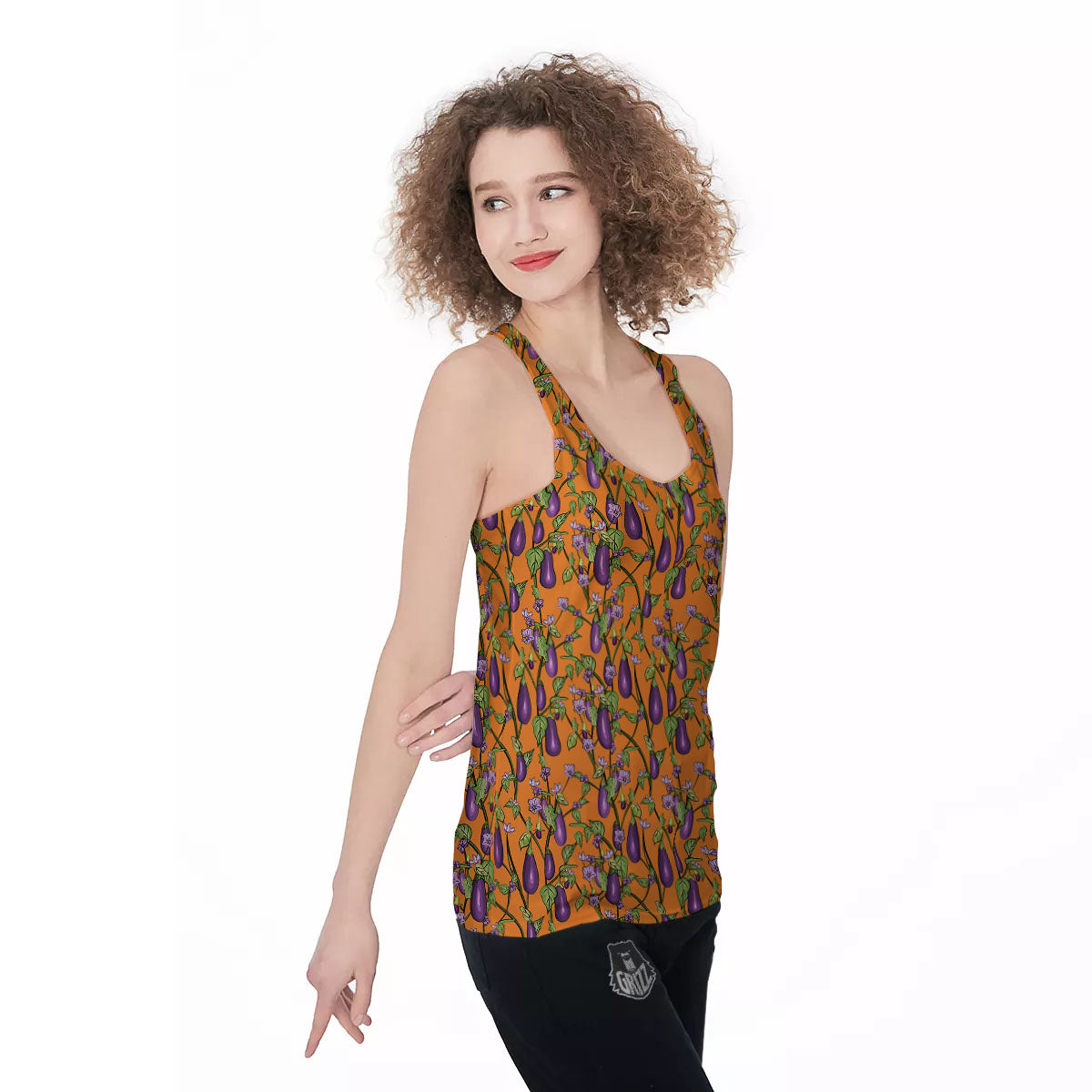 Flowers And Eggplant With Leaves Print Women's Racerback Tank Top-grizzshop