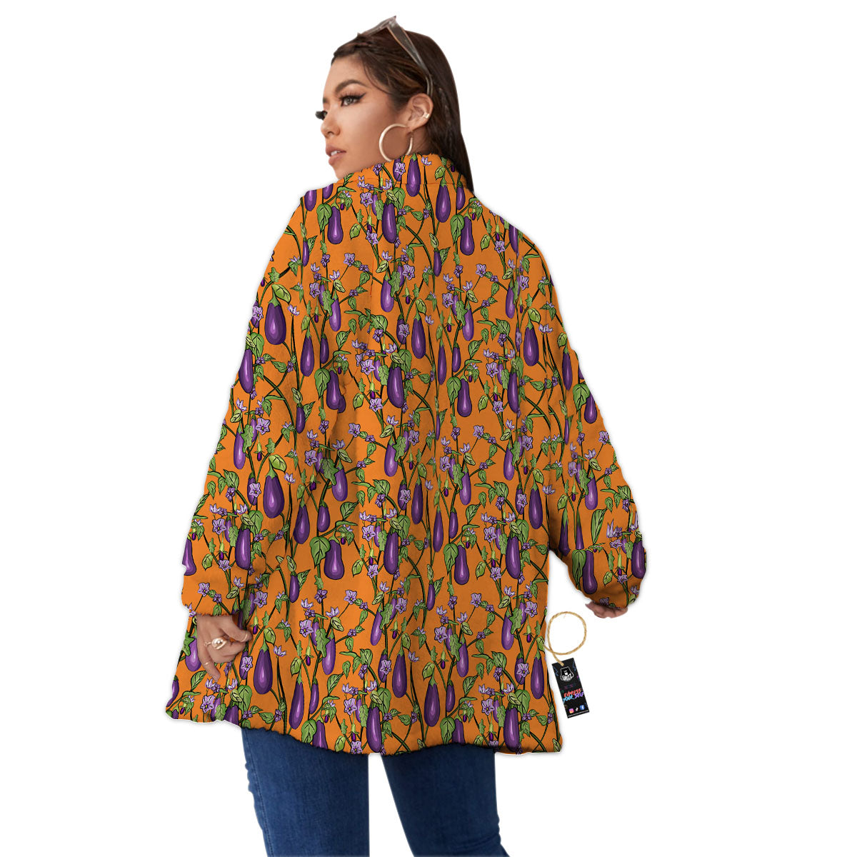 Flowers And Eggplant With Leaves Print Women's Sherpa Jacket-grizzshop