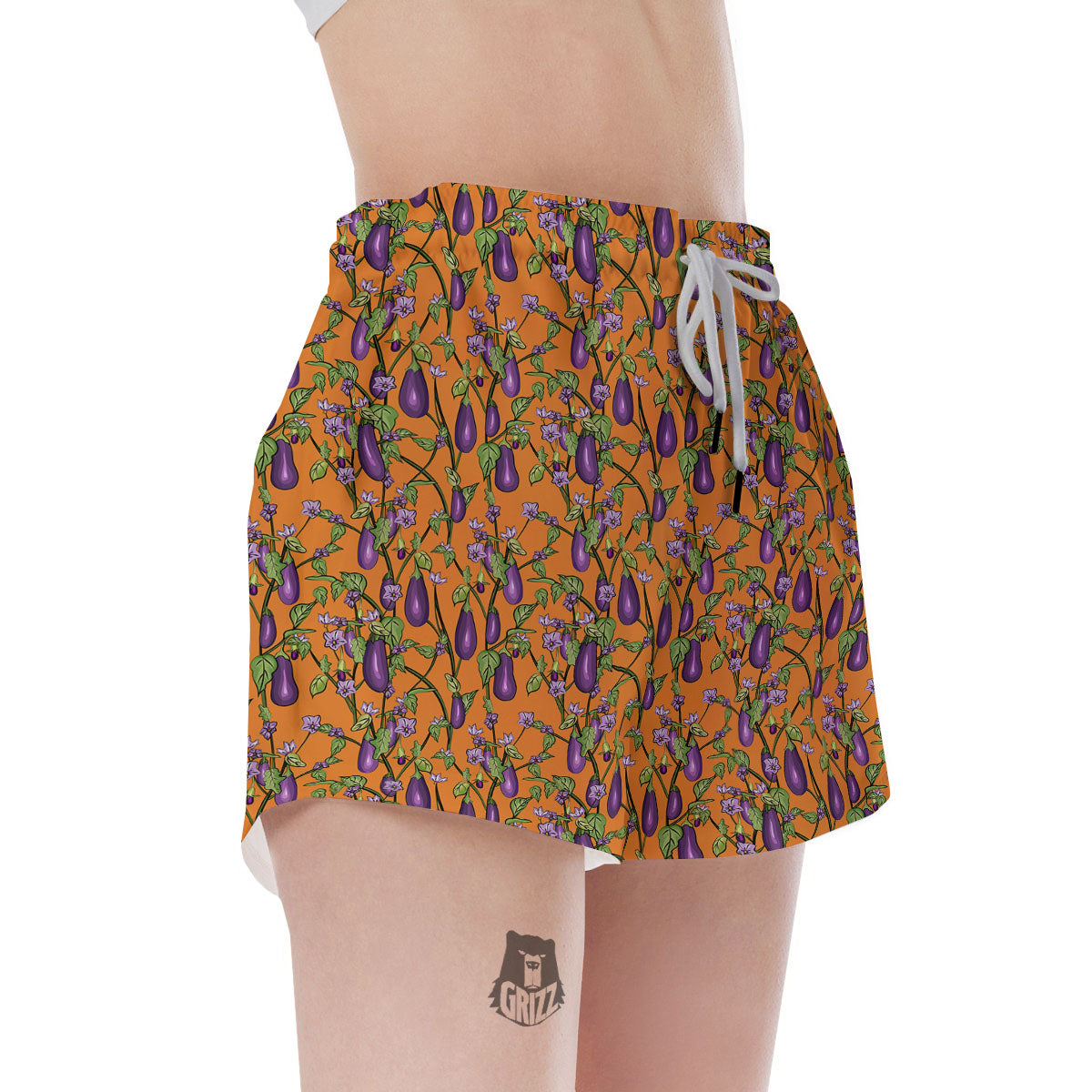 Flowers And Eggplant With Leaves Print Women's Shorts-grizzshop
