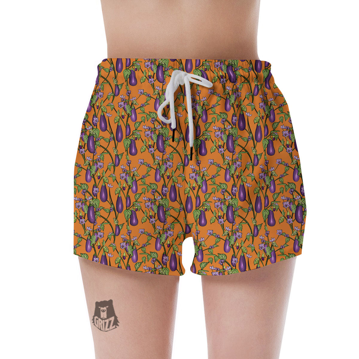 Flowers And Eggplant With Leaves Print Women's Shorts-grizzshop