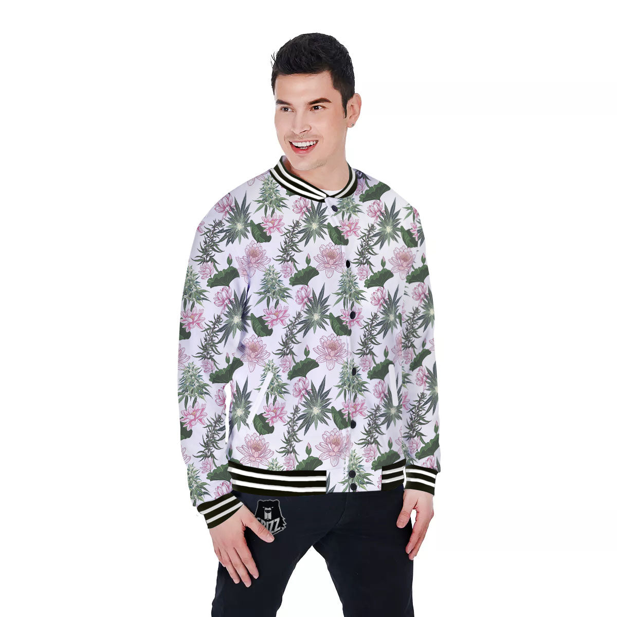 Flowers And Hemp Leaves Print Pattern Baseball Jacket-grizzshop