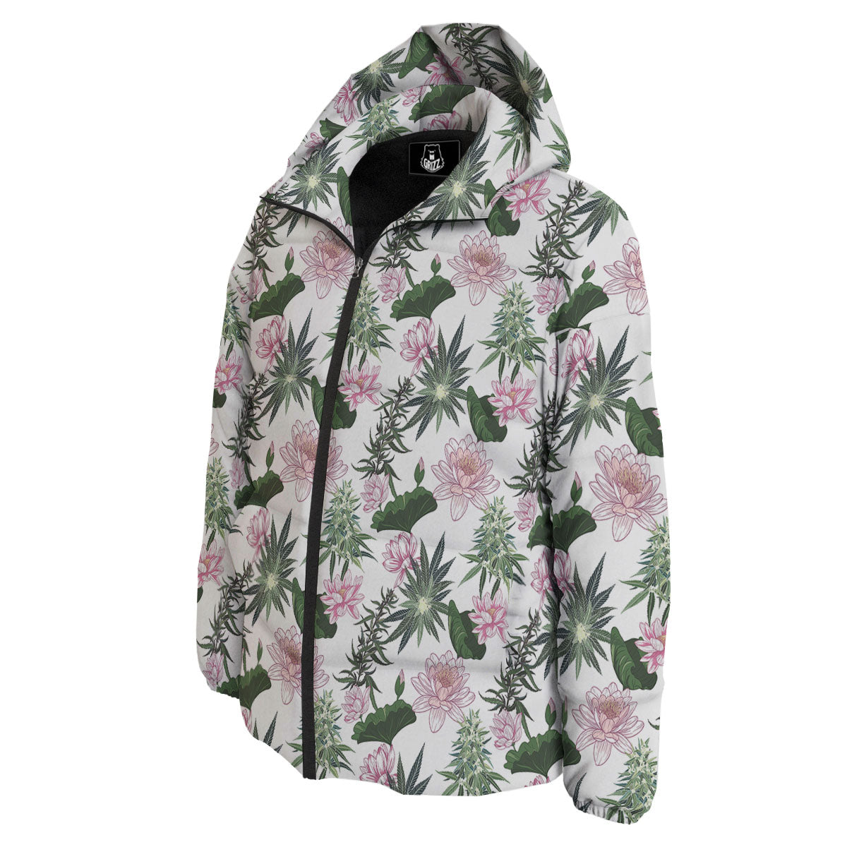Flowers And Hemp Leaves Print Pattern Down Jacket-grizzshop