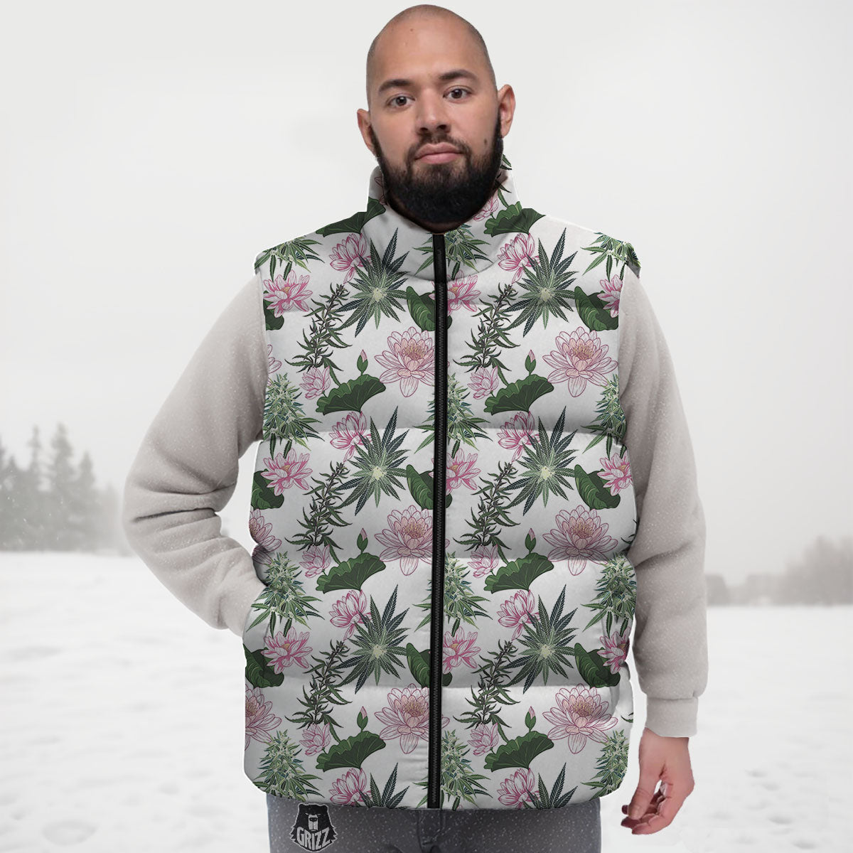 Flowers And Hemp Leaves Print Pattern Down Vest-grizzshop