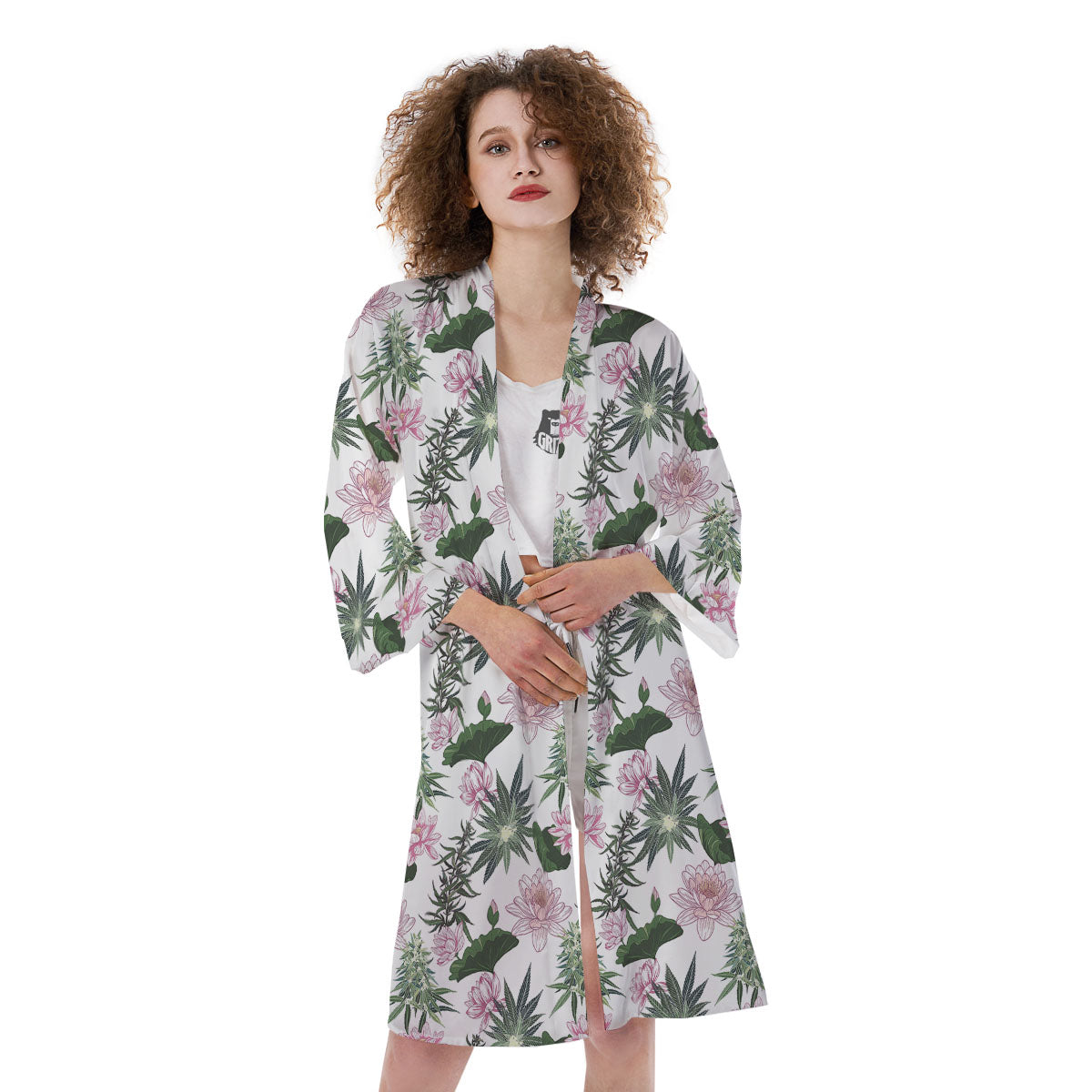 Flowers And Hemp Leaves Print Pattern Kimono-grizzshop