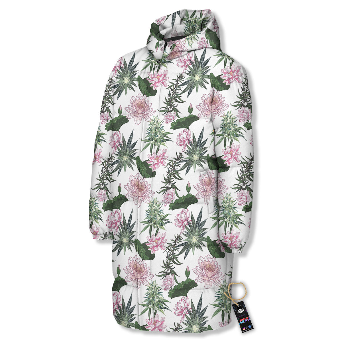 Flowers And Hemp Leaves Print Pattern Long Down Jacket-grizzshop