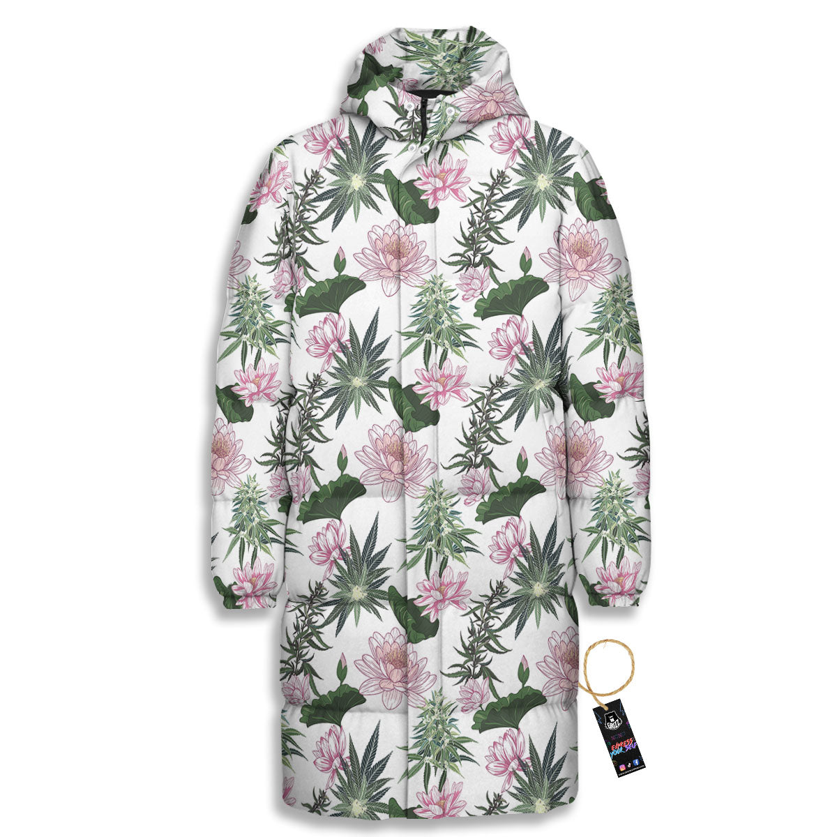Flowers And Hemp Leaves Print Pattern Long Down Jacket-grizzshop