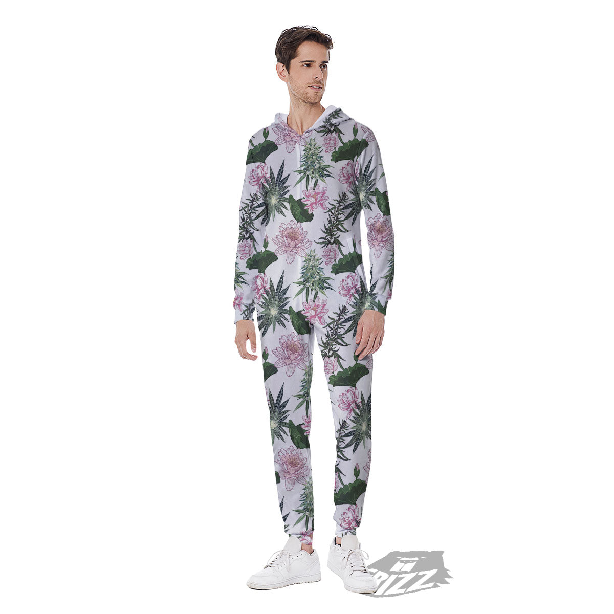 Flowers And Hemp Leaves Print Pattern Men's Jumpsuit-grizzshop