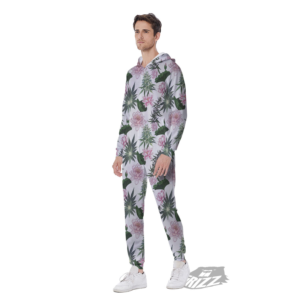 Flowers And Hemp Leaves Print Pattern Men's Jumpsuit-grizzshop